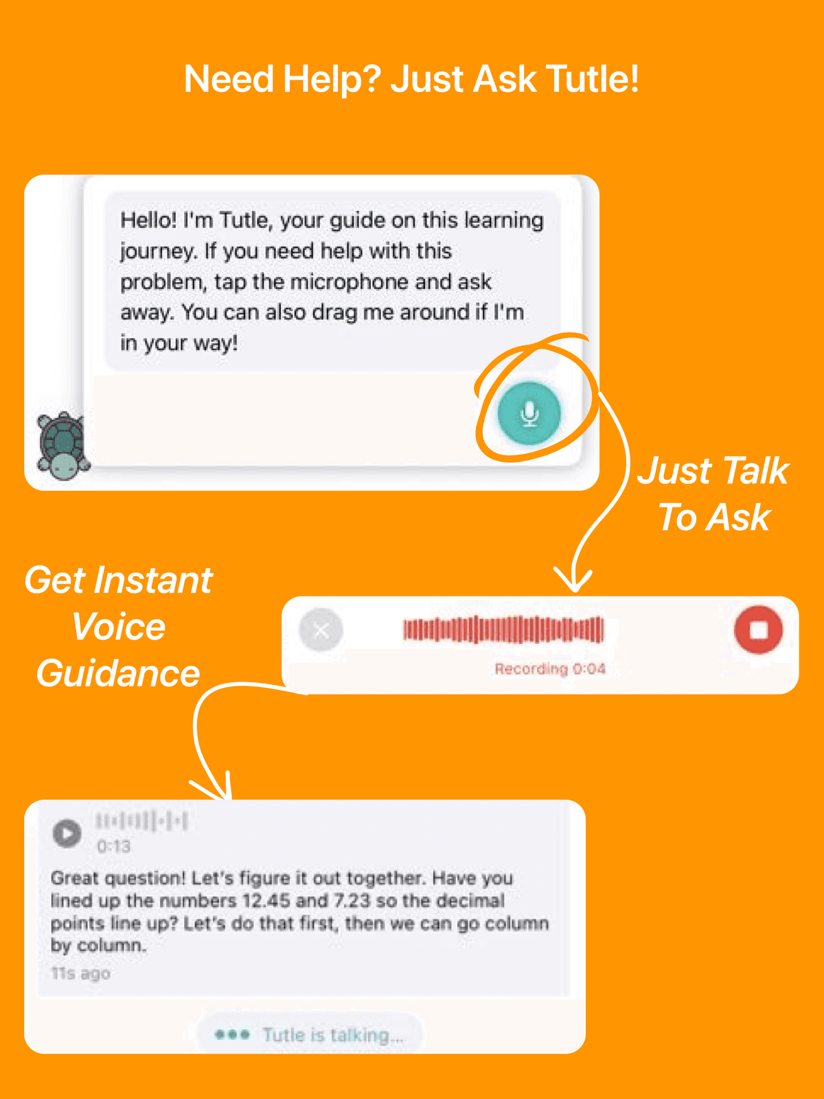 Voice interaction feature - kids asking Tutle for math help and hints