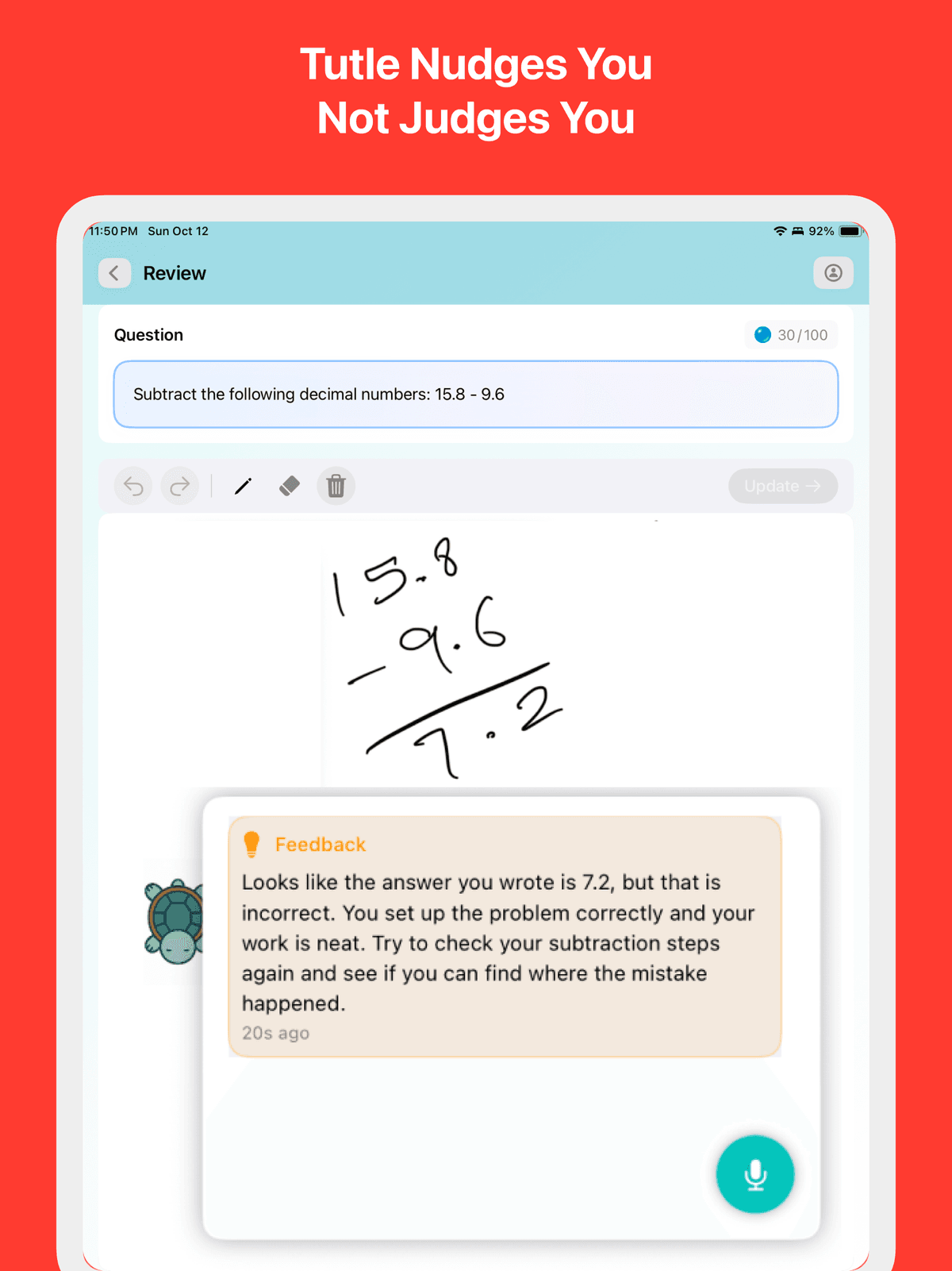AI-powered feedback explaining math mistakes with encouraging guidance